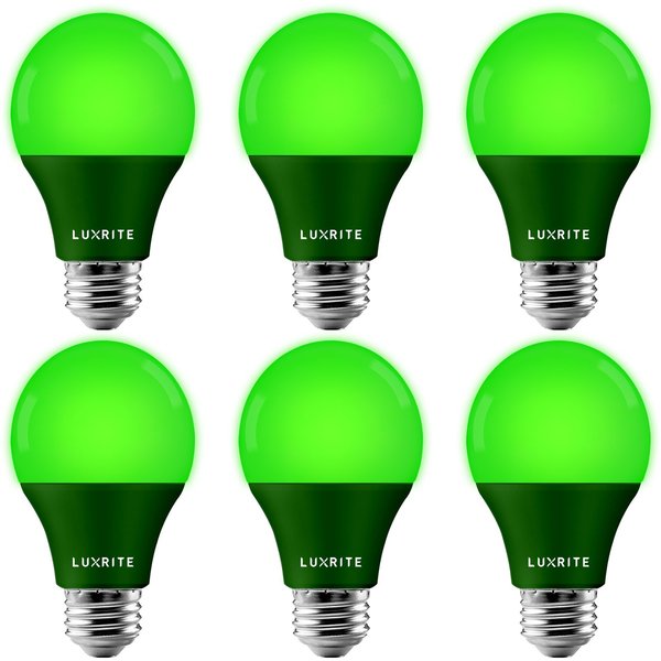 Luxrite A19 LED Light Bulbs 8W (60W Equivalent) Green Colored Bulbs Non-Dimmable E26 Base 6-Pack LR21492-6PK